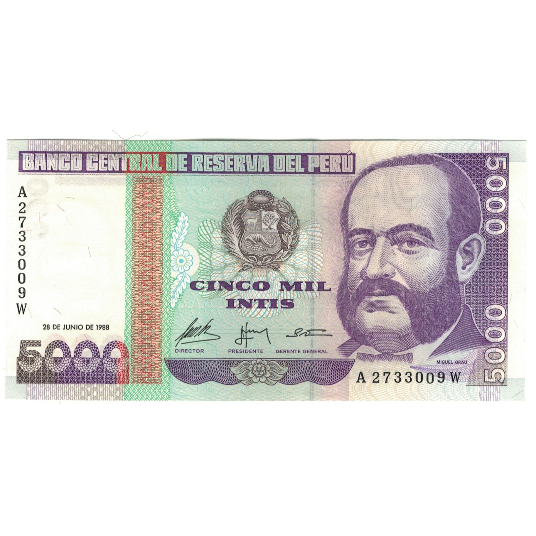 Biljet, Peru, 5000 Intis, 1988, 1988-06-28, KM:138, NIEUW