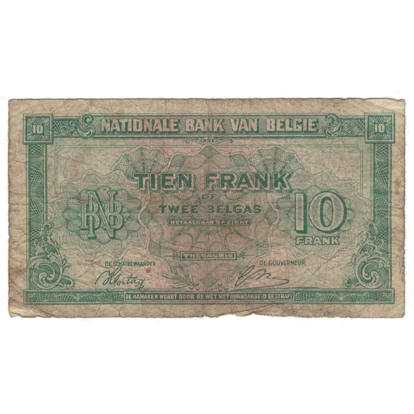 Nota, Bélgica, 10 Francs-2 Belgas, 1943, 1943-02-01, KM:122, VG(8-10)