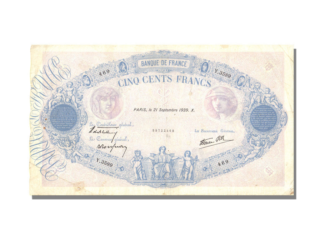Banconote, Francia, 500 Francs, 500 F 1888-1940 ''Bleu et Rose'', 1939