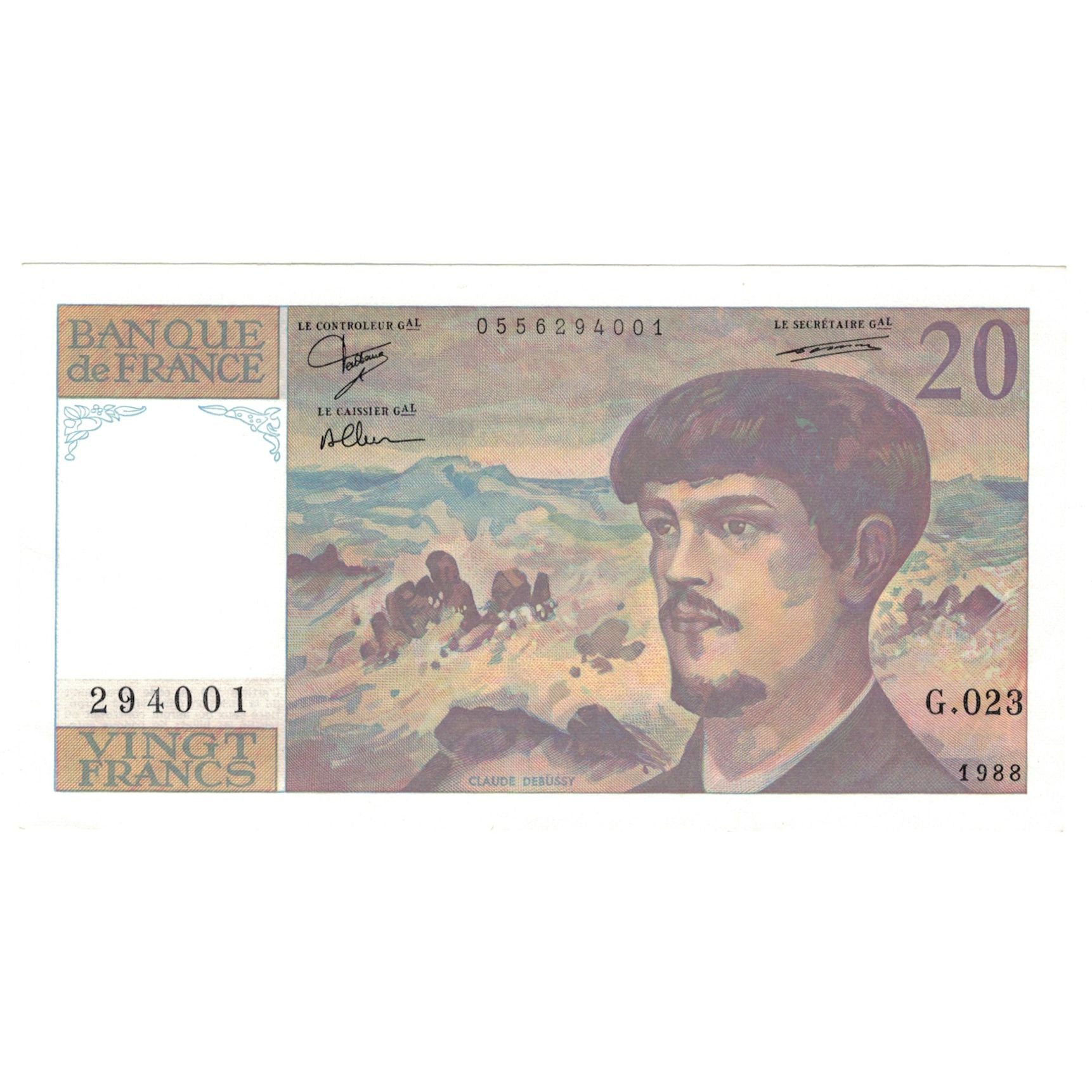 Francja, 20 Francs, Debussy, 1988, G.023, UNC(65-70), Fayette:66.9, KM:151c