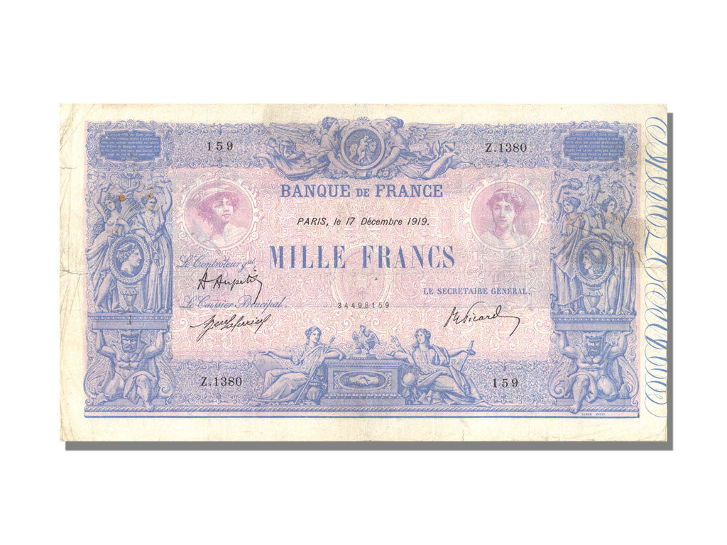 Geldschein, Frankreich, 1000 Francs, 1 000 F 1889-1926 ''Bleu et Rose'', 1919