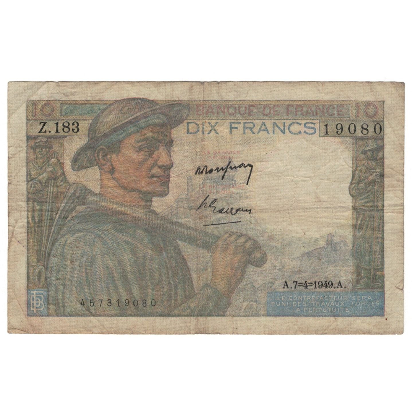 France, 10 Francs, Mineur, 1949, Z.183, VG(8-10), Fayette:8.21, KM:99f