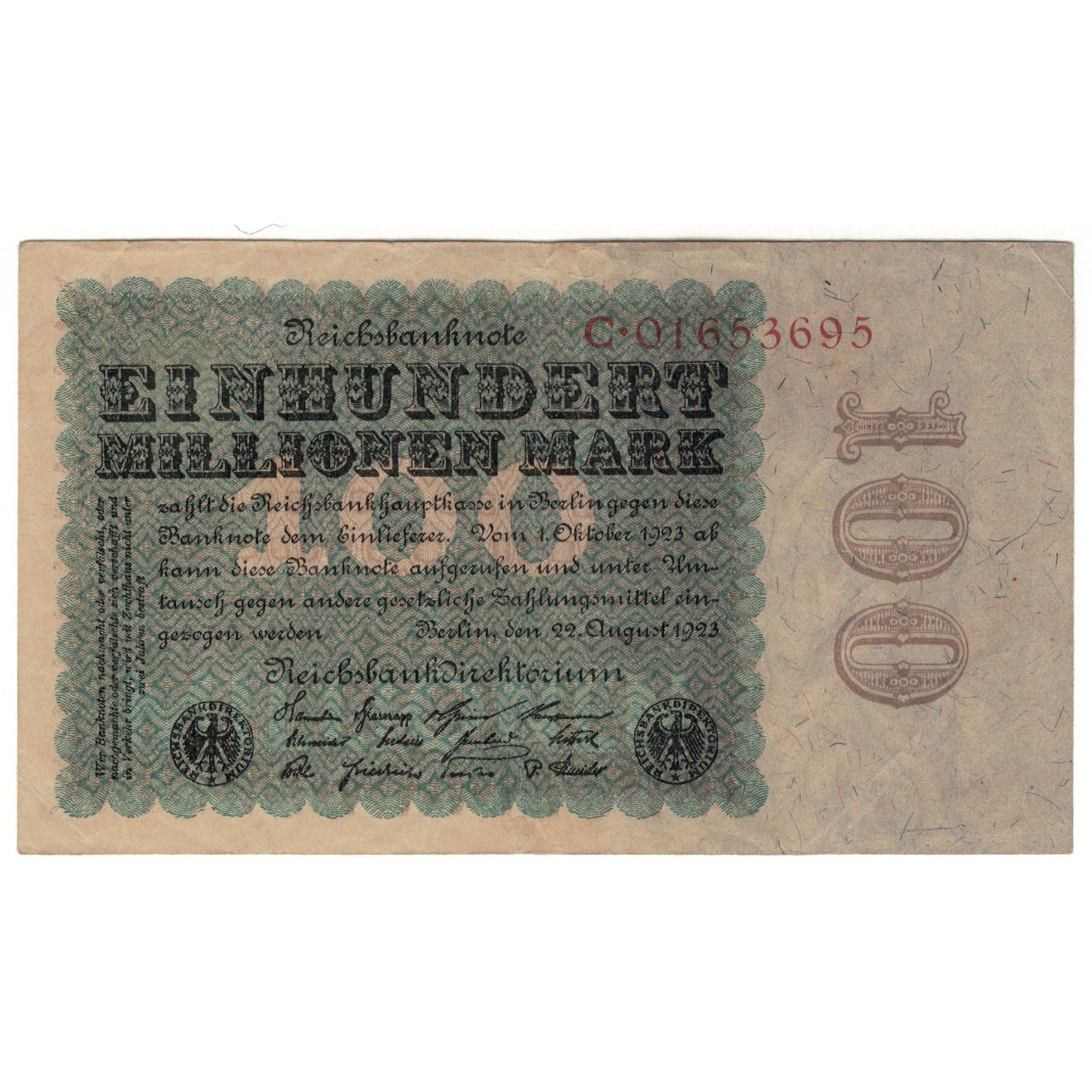 Banknote, Germany, 100 Millionen Mark, 1923, 1923-08-22, KM:107a, VF(20-25)