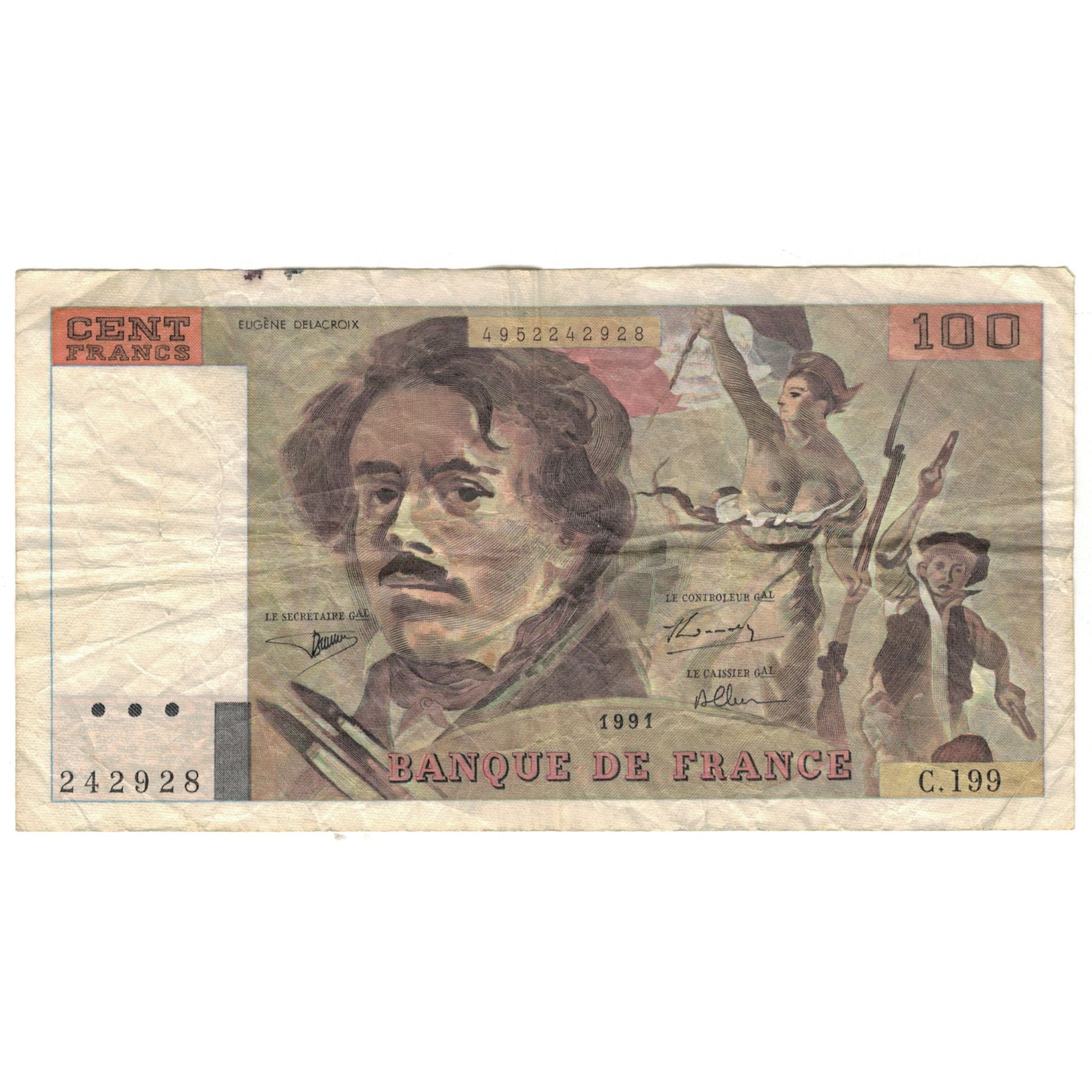 Francja, 100 Francs, Delacroix, 1991, C.199, VF(20-25), Fayette:69bis.4a