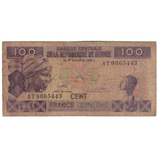 Nota, Guiné, 100 Francs, 1985, 1960-03-01, KM:30a, VG(8-10)