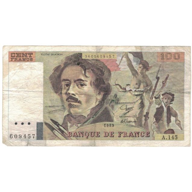 France, 100 Francs, Delacroix, 1989, A.145, VF(20-25), Fayette:69.13c), KM:154d