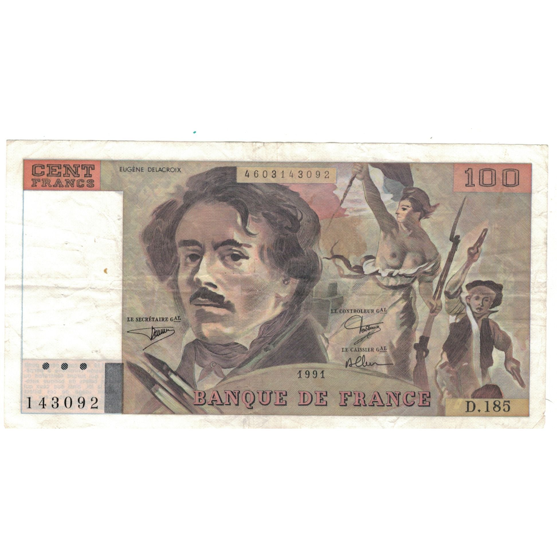 Francja, 100 Francs, Delacroix, 1991, D.185, EF(40-45), Fayette:69.bis.3.b2