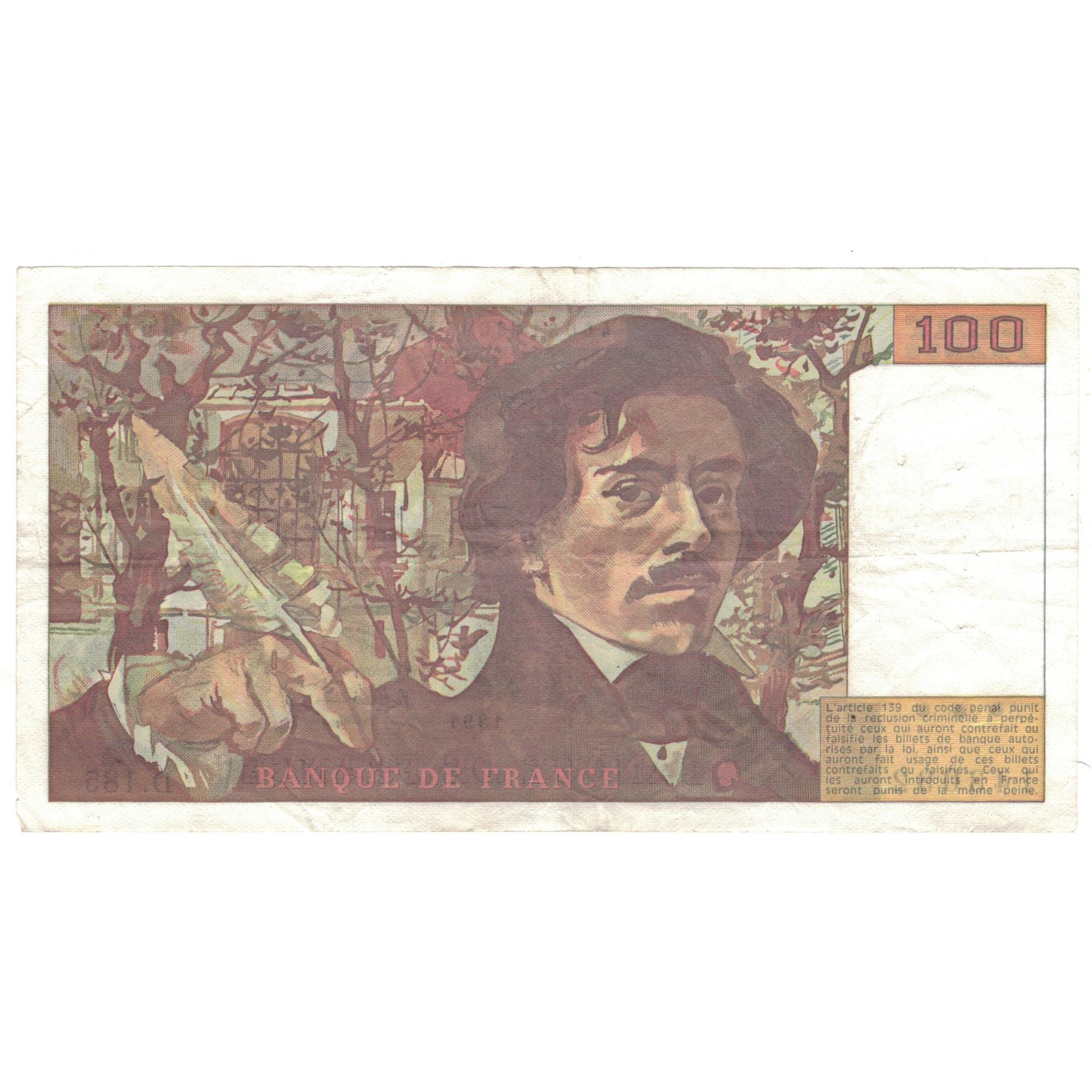 Francja, 100 Francs, Delacroix, 1991, D.185, EF(40-45), Fayette:69.bis.3.b2