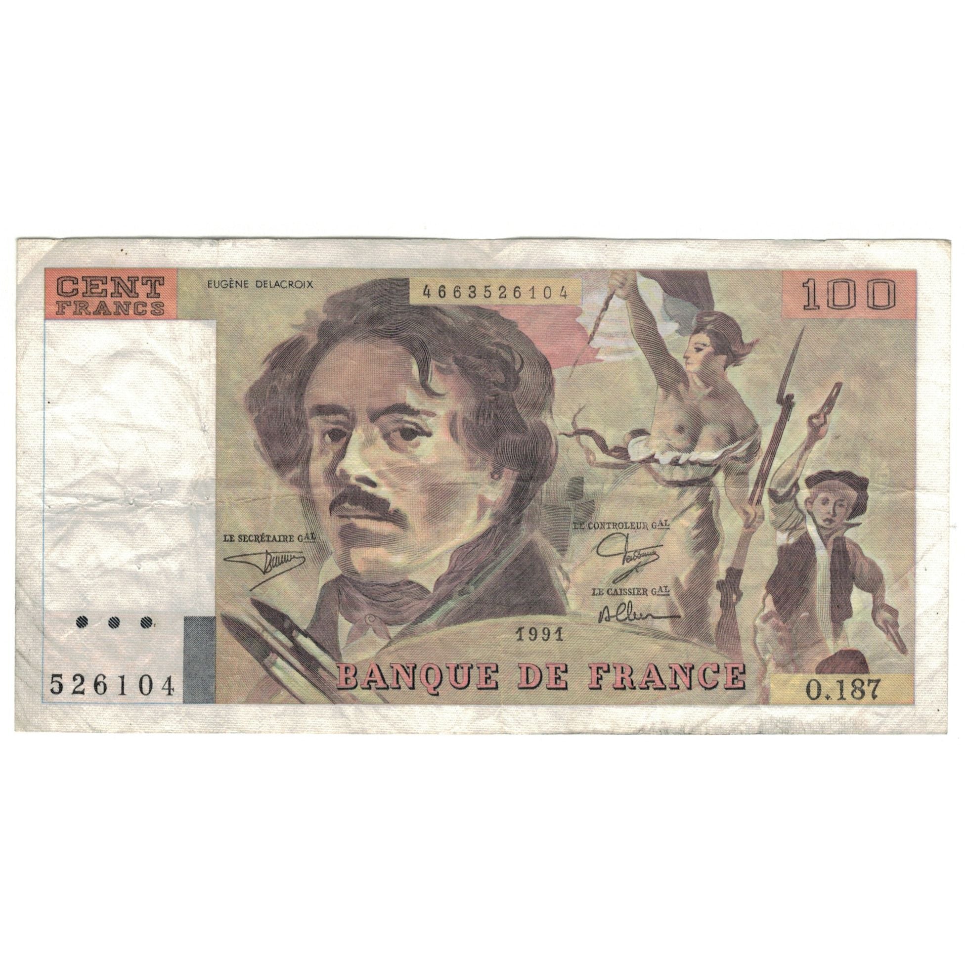 France, 100 Francs, Delacroix, 1991, O.187, TB, Fayette:69.bis.3.b2, KM:154e