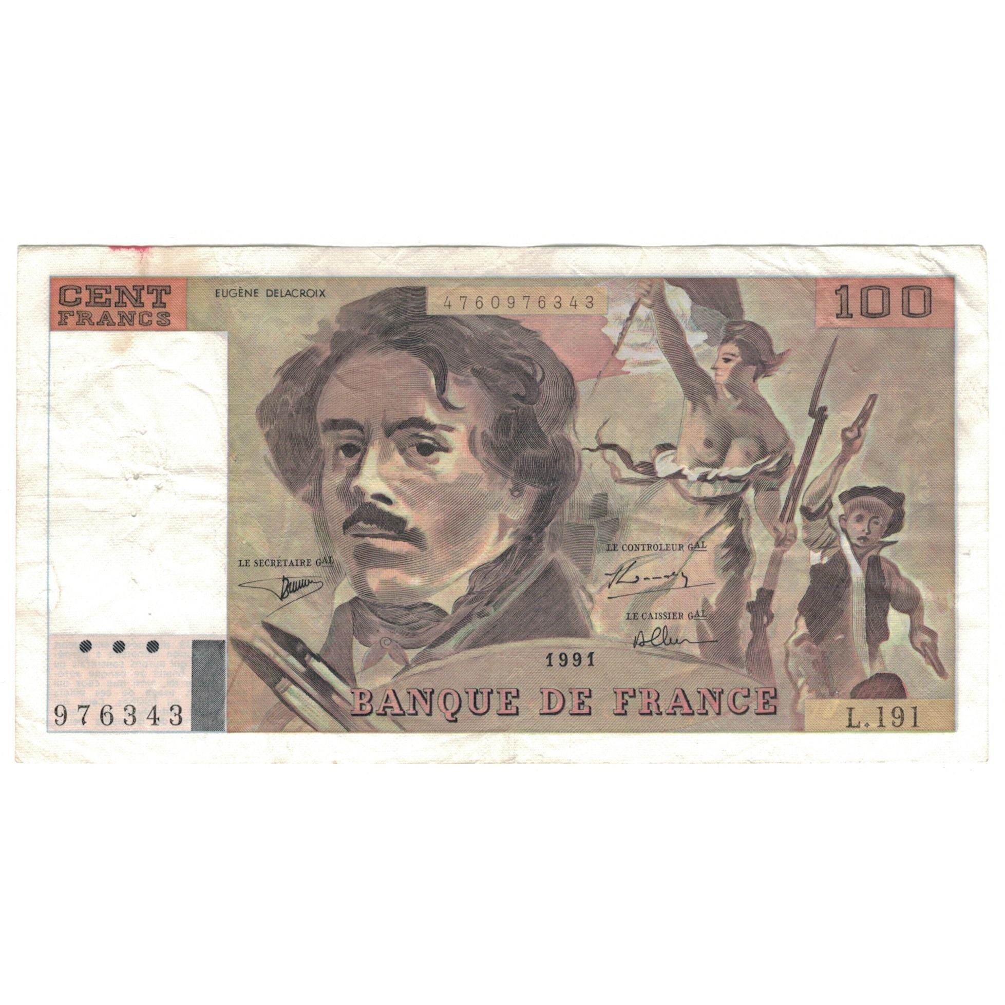 Frankrijk, 100 Francs, Delacroix, 1991, L.191, TB+, Fayette:69bis.4a, KM:154f