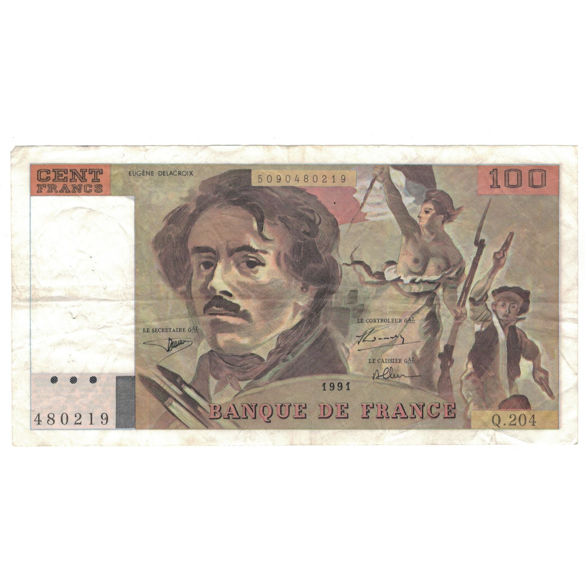França, 100 Francs, Delacroix, 1991, Q.204, VF(20-25), Fayette:69bis.4b
