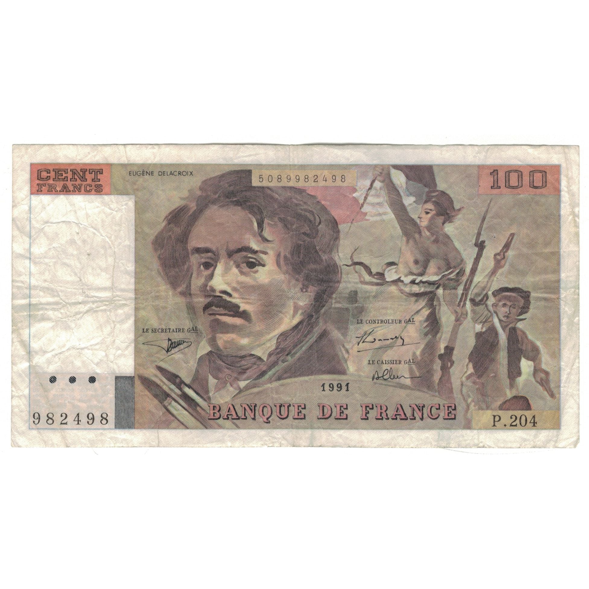 France, 100 Francs, Delacroix, 1991, P.204, B, Fayette:69bis.4b, KM:154e