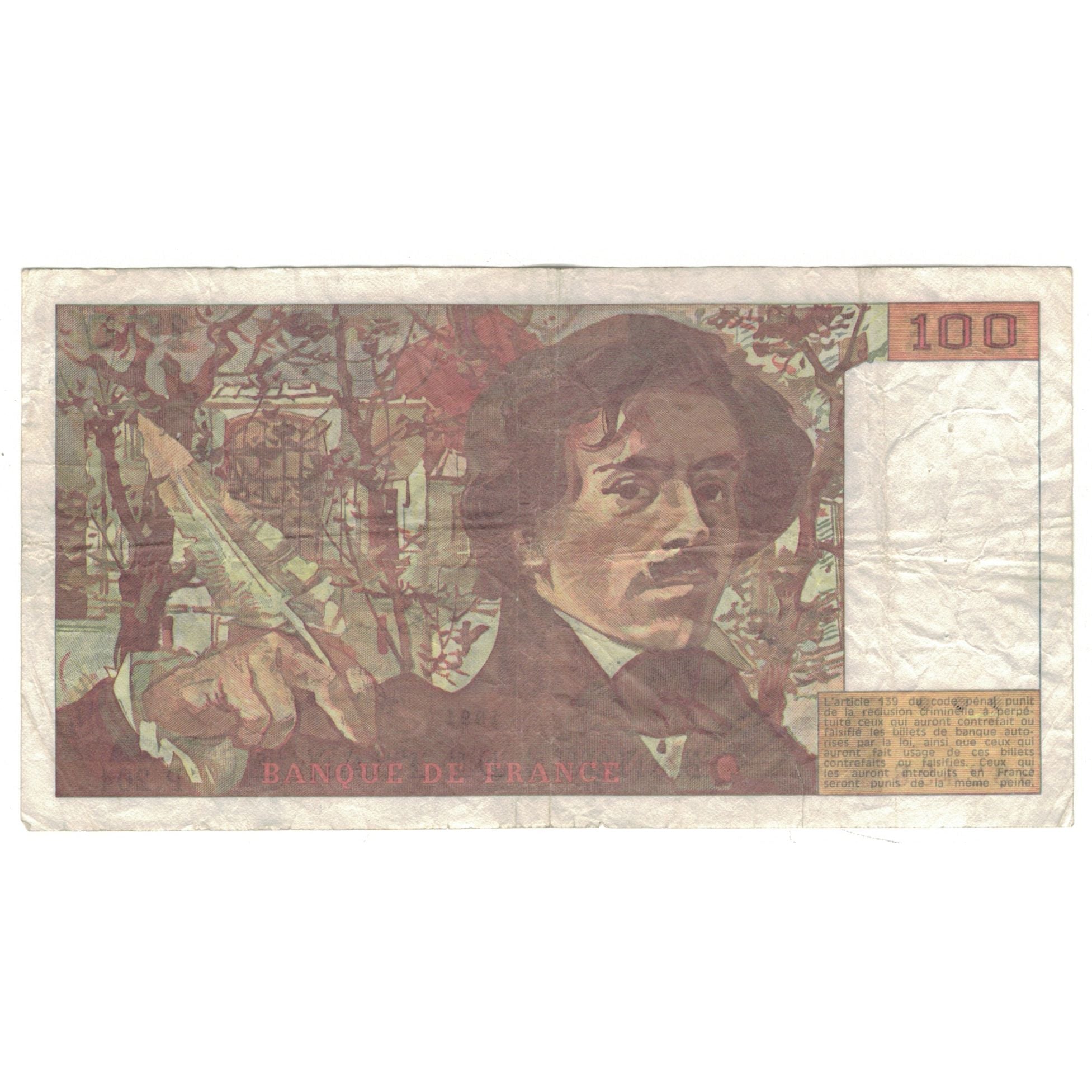 France, 100 Francs, Delacroix, 1991, P.204, B, Fayette:69bis.4b, KM:154e