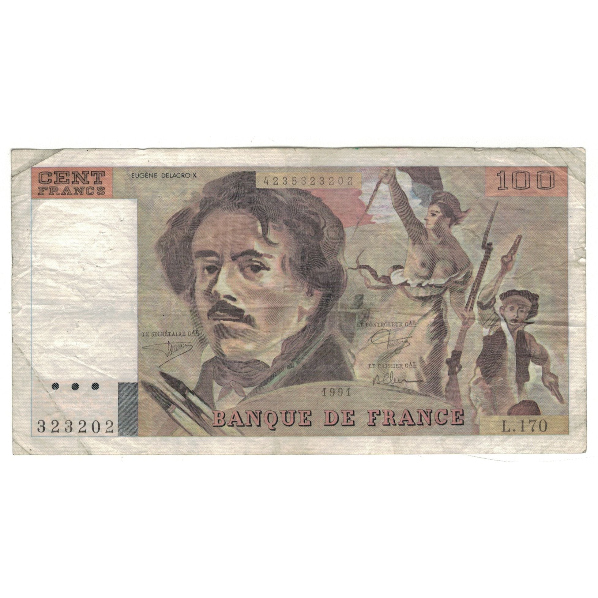 Francja, 100 Francs, Delacroix, 1991, L.170, VG(8-10), Fayette:69.b.3.a.1.a