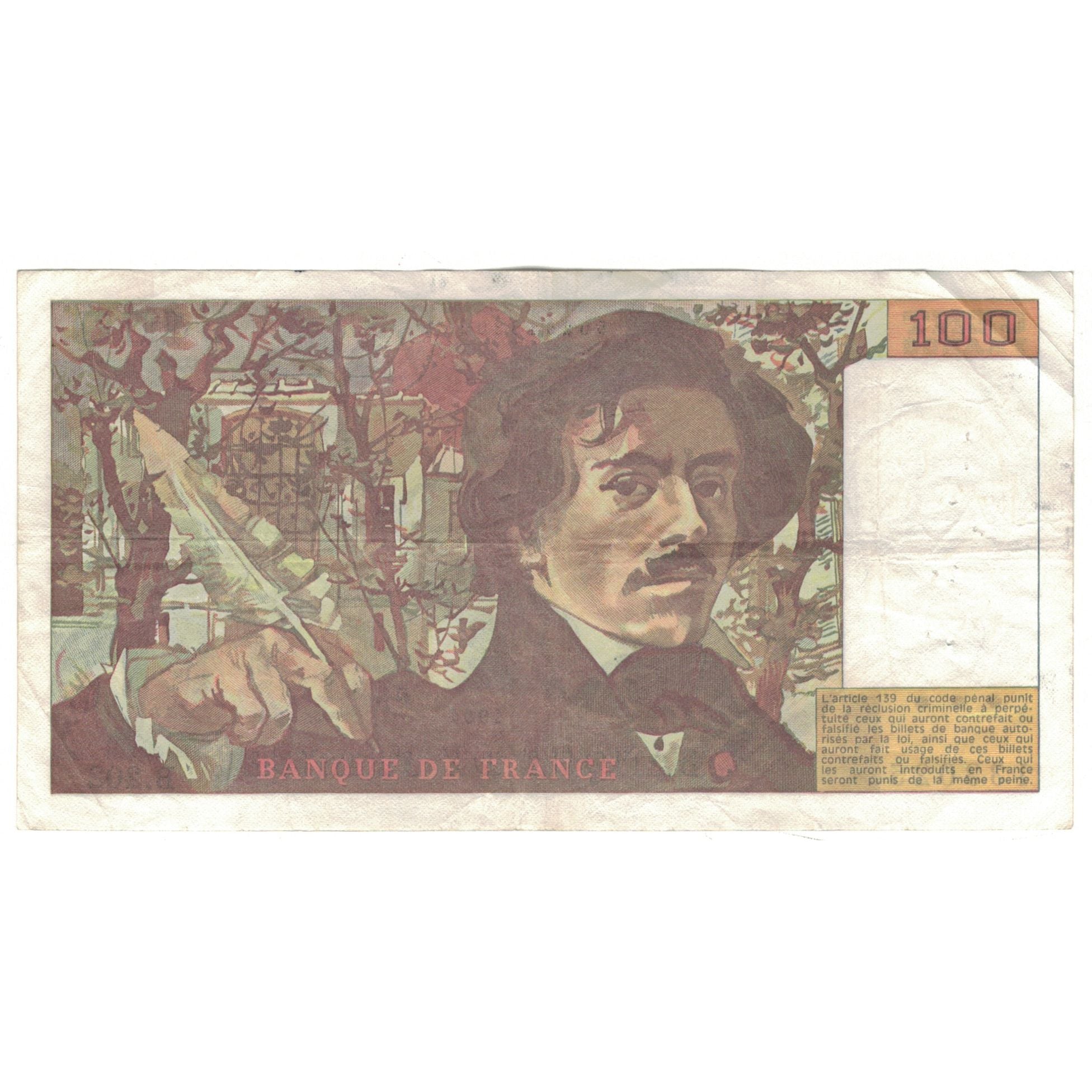 France, 100 Francs, Delacroix, 1991, B.202, VF(30-35), Fayette:69bis.3c1