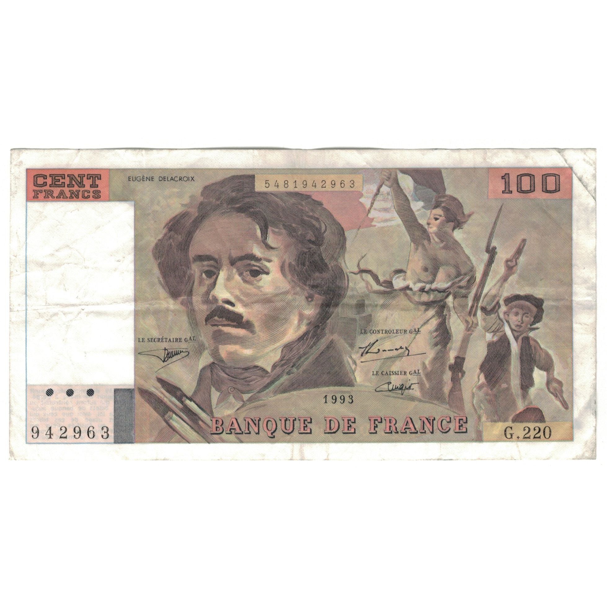 Francia, 100 Francs, Delacroix, 1993, G.220, BC, Fayette:69bis.7, KM:154g