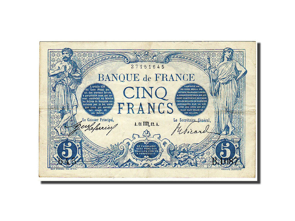 Banknot, Francja, 5 Francs, Bleu, 1912, AU(55-58), Fayette:2.10, KM:70