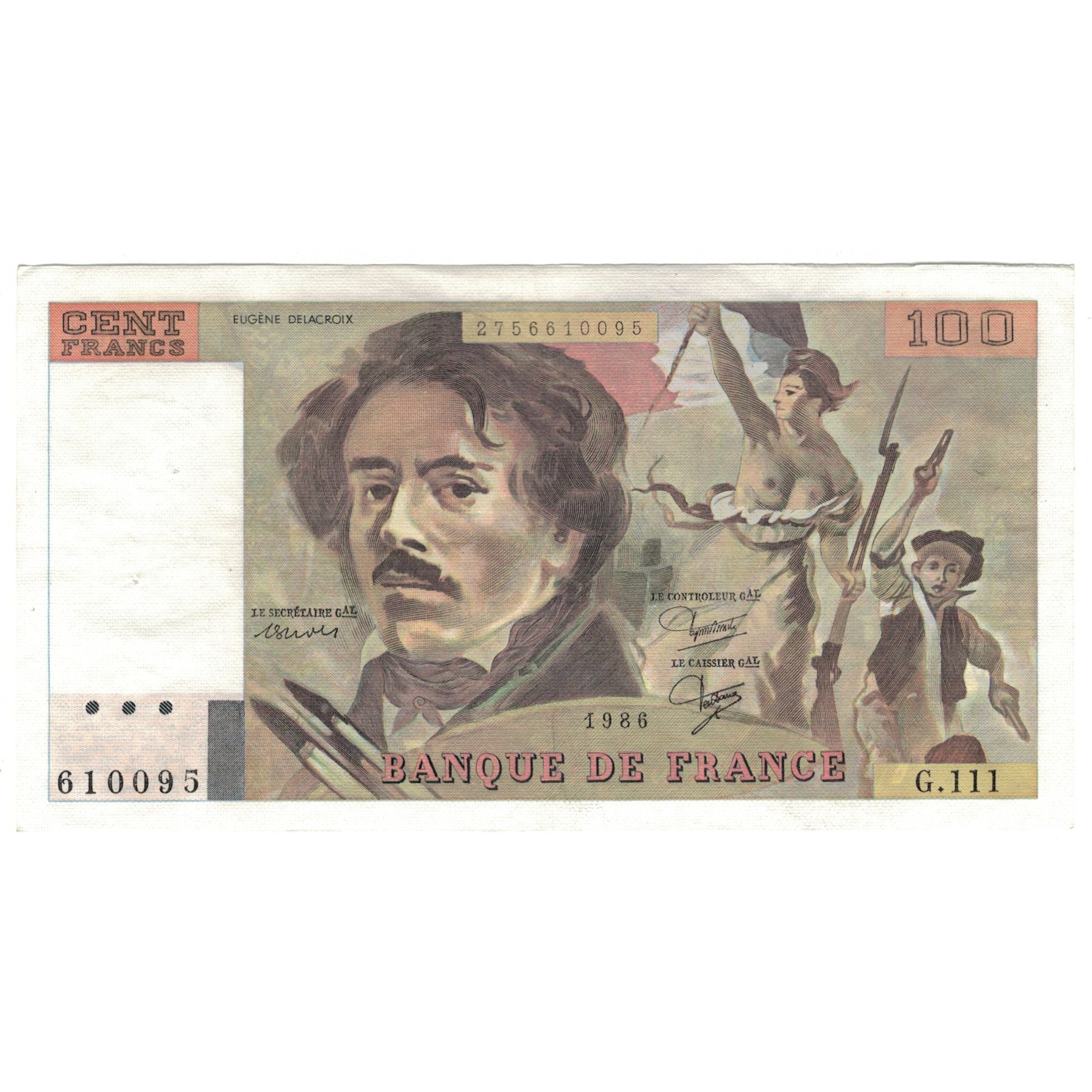 França, 100 Francs, Delacroix, 1986, G.111, EF(40-45), Fayette:69.10, KM:154b