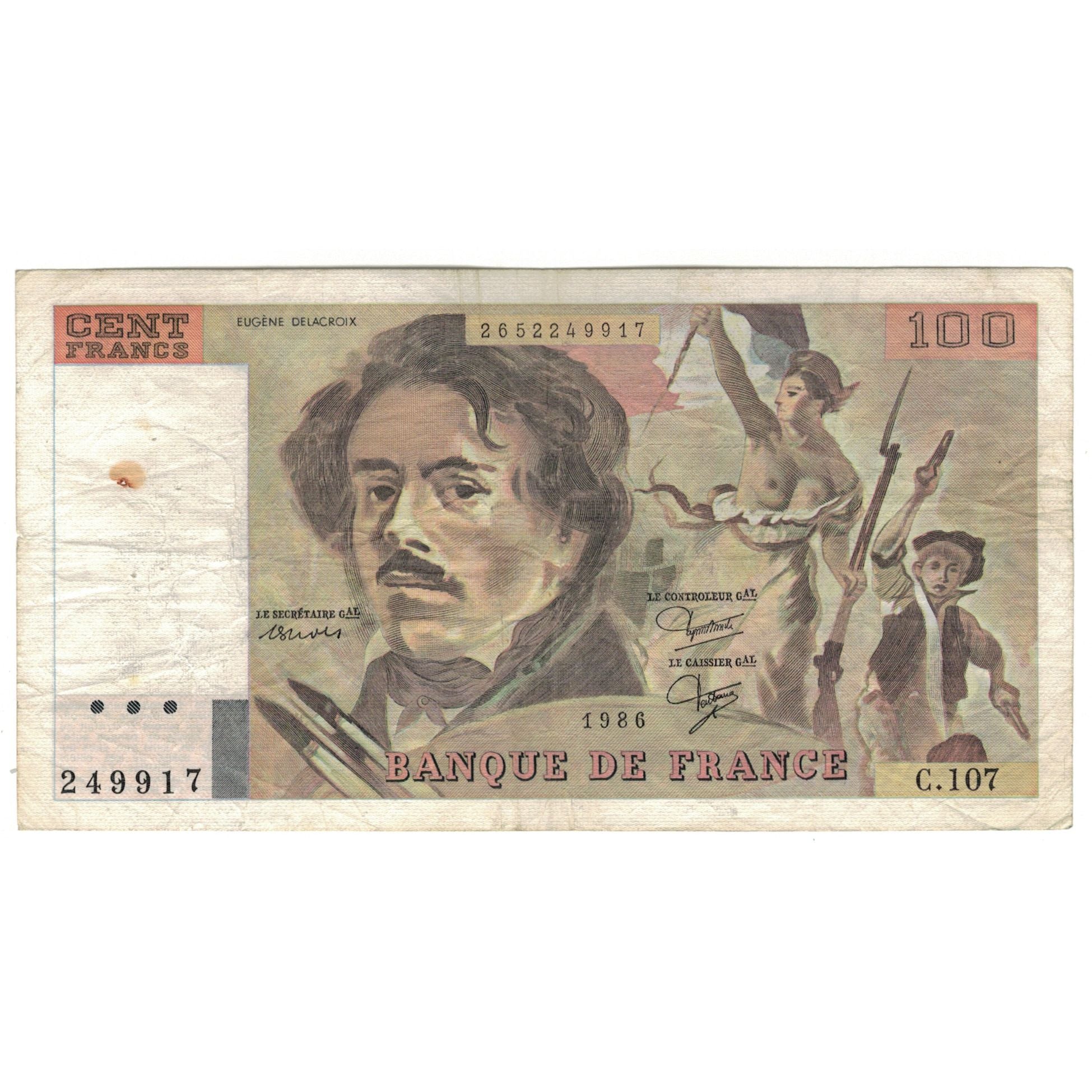 Francia, 100 Francs, Delacroix, 1986, C.107, RC, Fayette:69.10, KM:154b