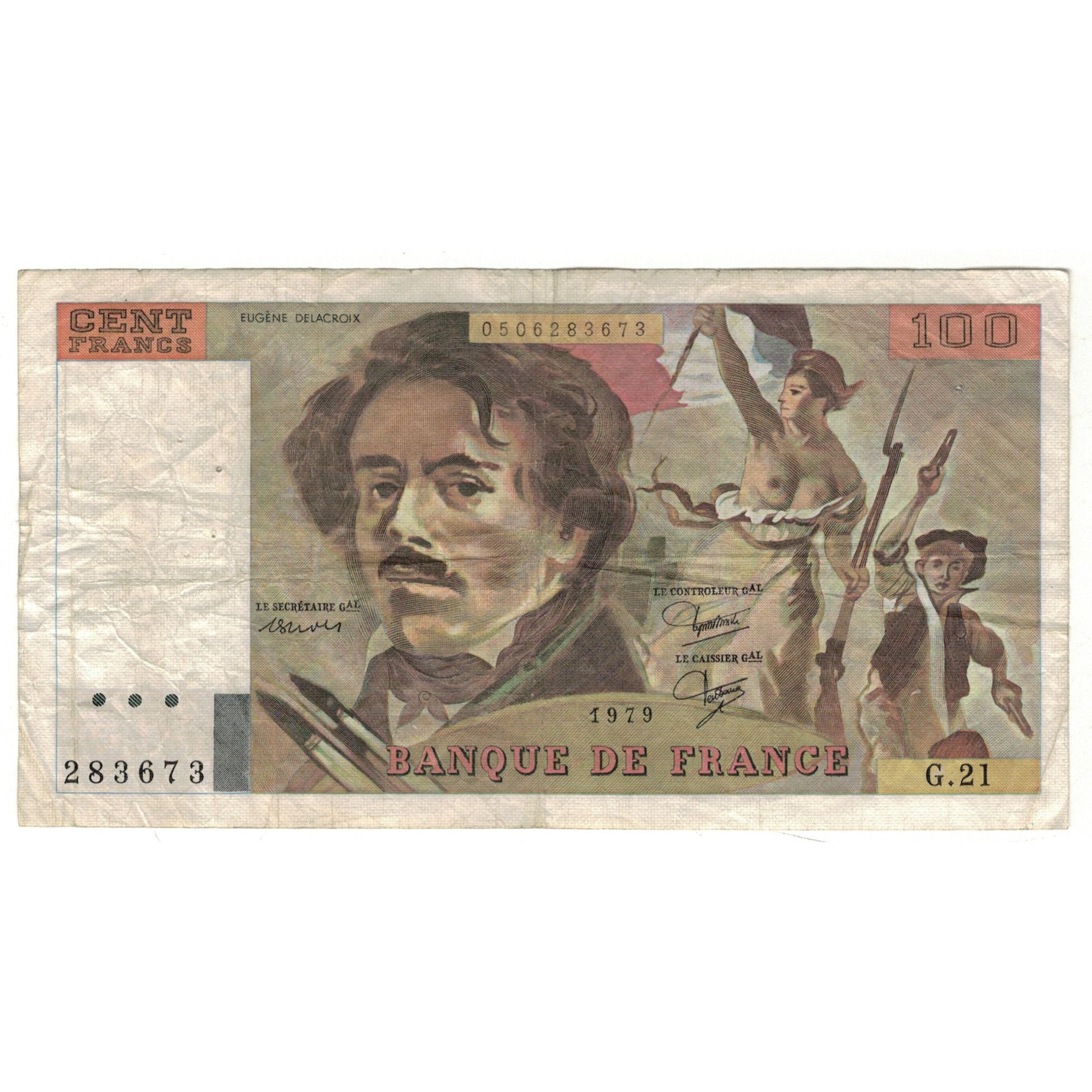 France, 100 Francs, Delacroix, 1979, G.21, VG(8-10), Fayette:69.3, KM:154b