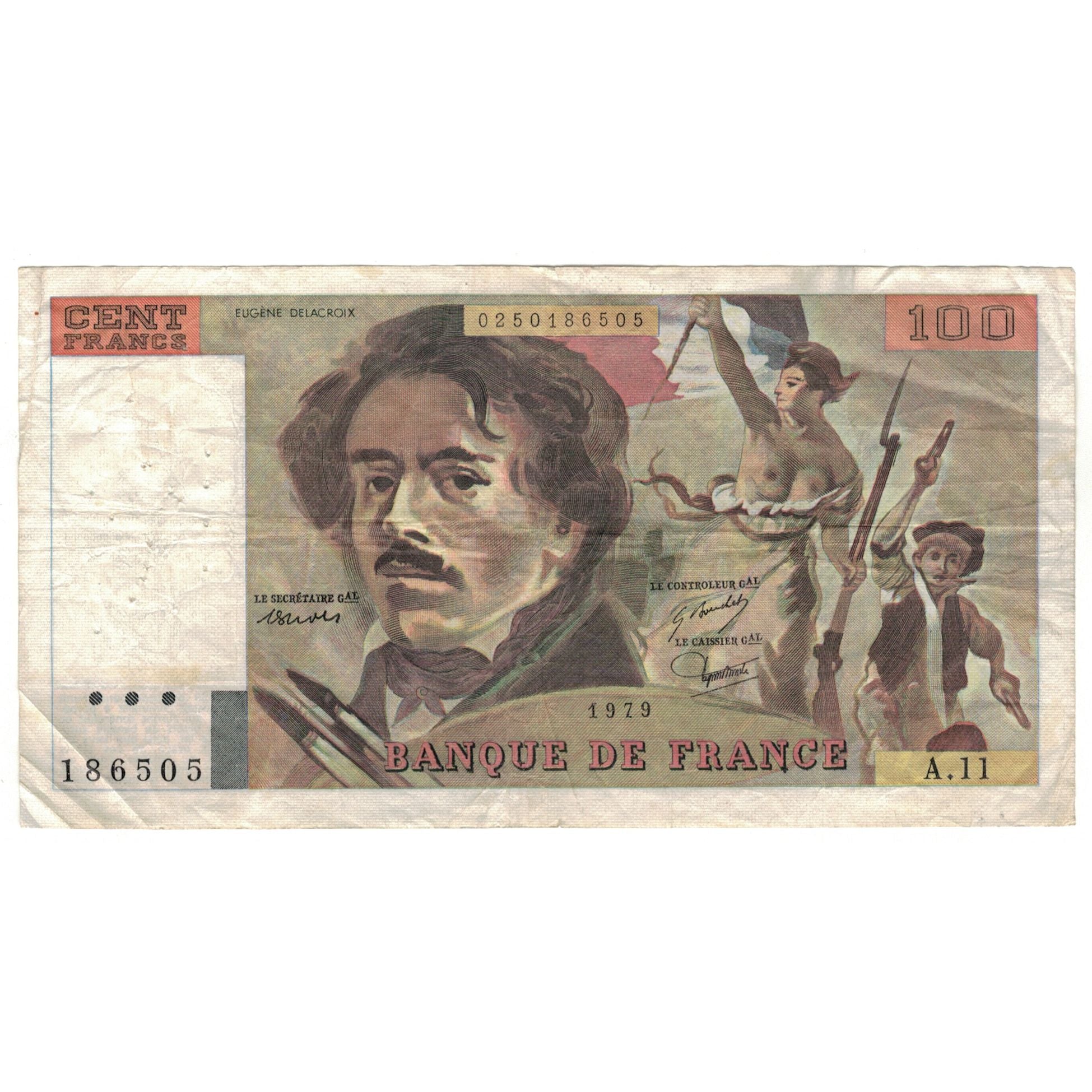 France, 100 Francs, Delacroix, 1979, A.11, VF(20-25), Fayette:69.02C, KM:154b