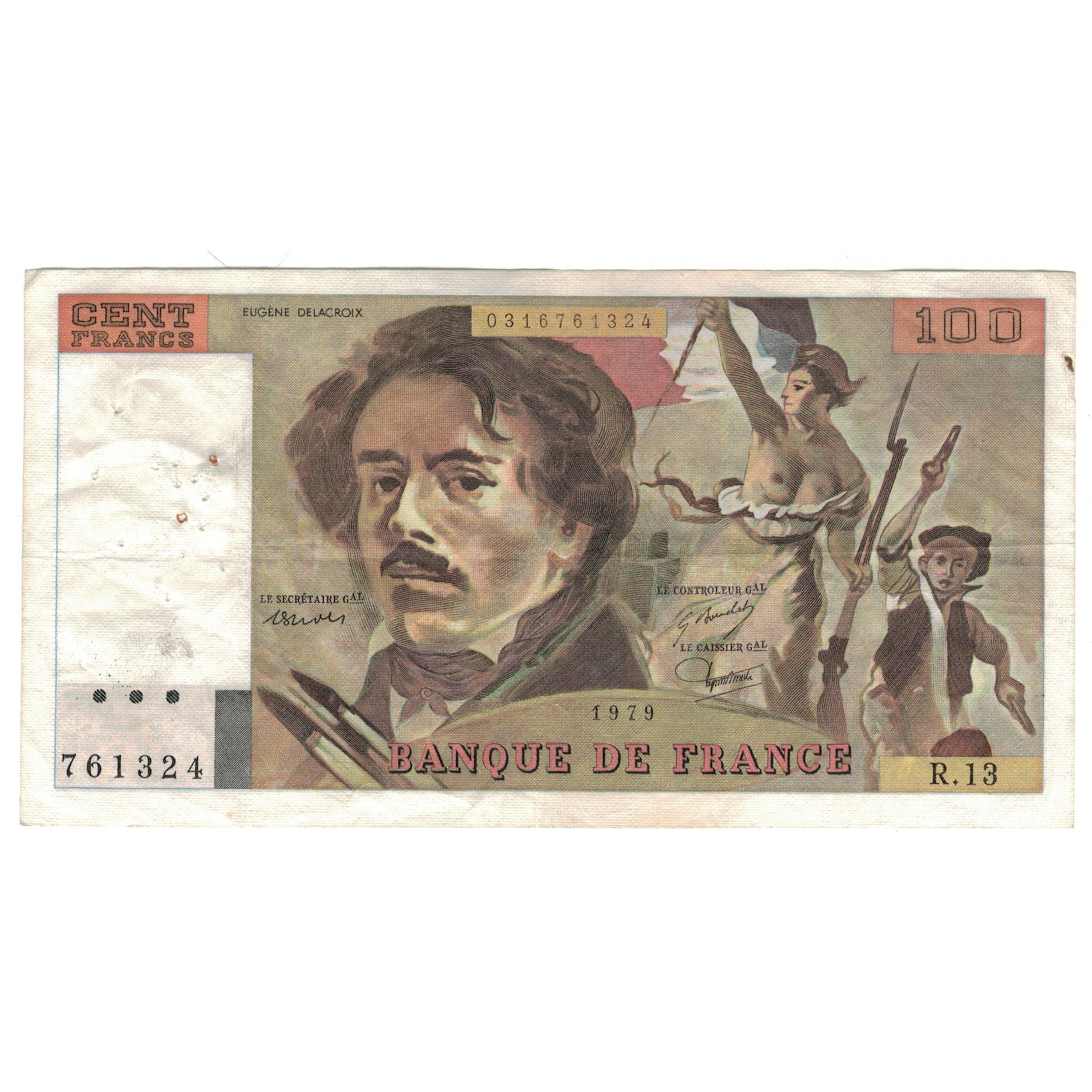 France, 100 Francs, Delacroix, 1979, R.13, VF(30-35), Fayette:69.02C, KM:154b