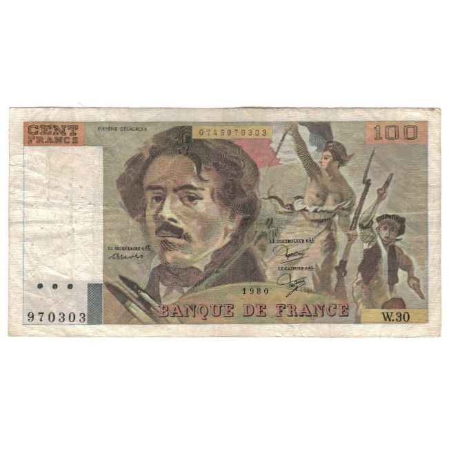 France, 100 Francs, Delacroix, 1980, W.30, VG(8-10), Fayette:69.4a, KM:154b