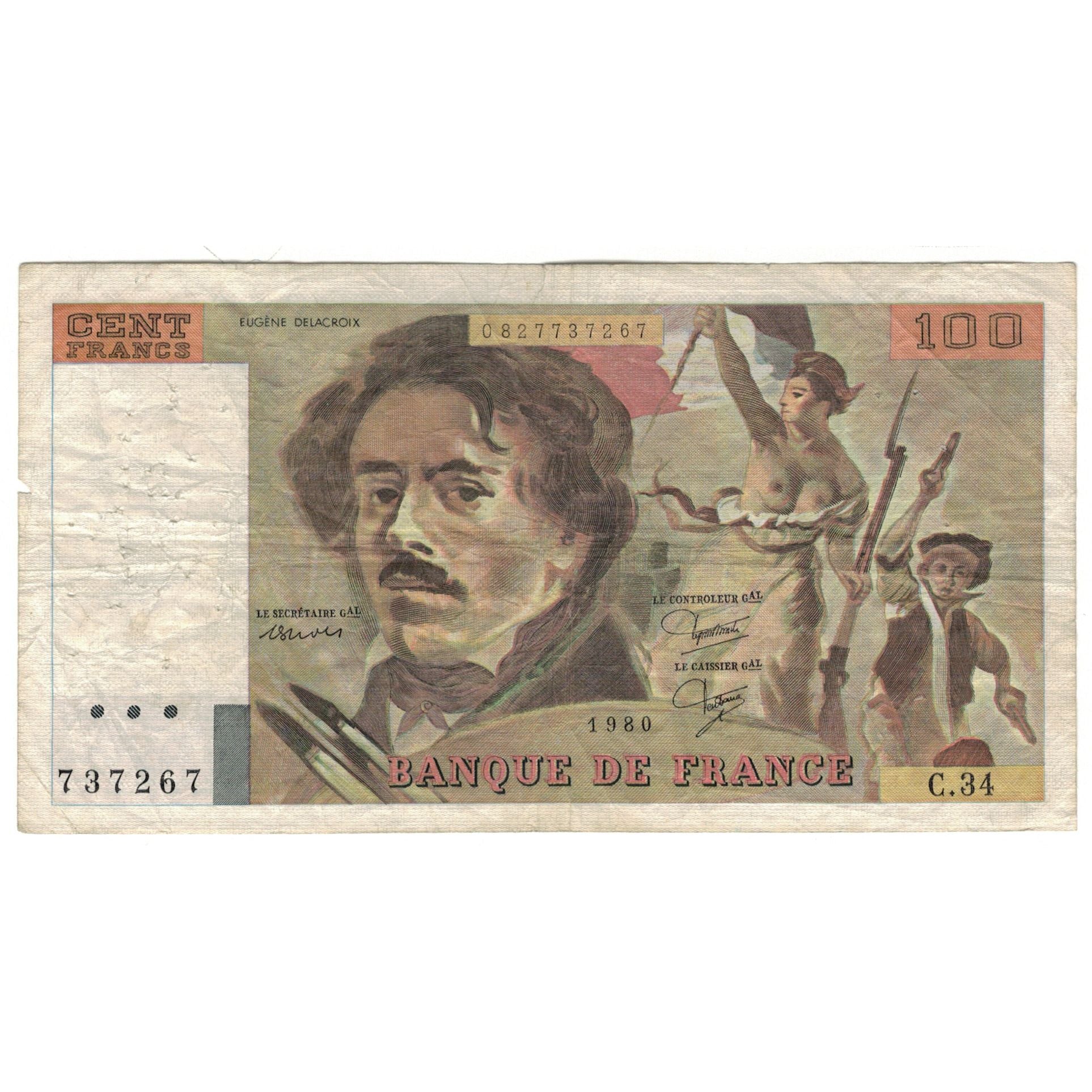 France, 100 Francs, Delacroix, 1980, C.34, VG(8-10), Fayette:69.4b, KM:154b