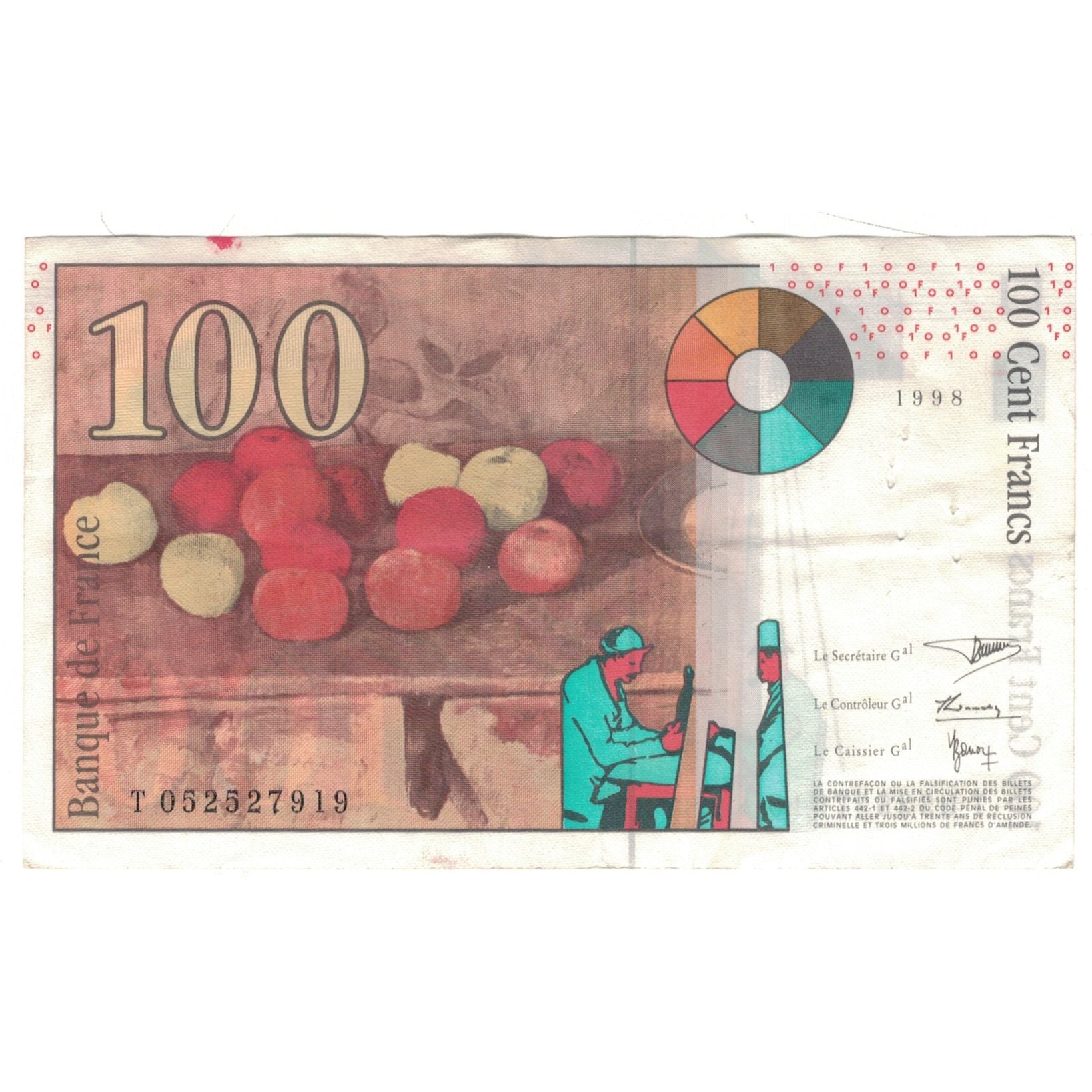 France, 100 Francs, Cézanne, 1998, T052527919, EF(40-45), Fayette:74.2, KM:158a