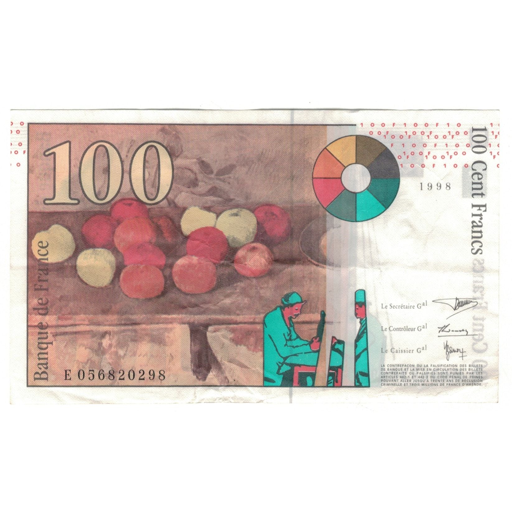 France, 100 Francs, Cézanne, 1998, E056820298, EF(40-45), Fayette:74.2, KM:158a