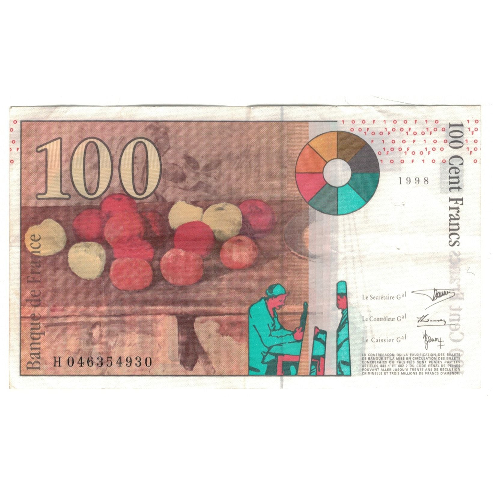 França, 100 Francs, Cézanne, 1998, H046354930, EF(40-45), Fayette:74.2