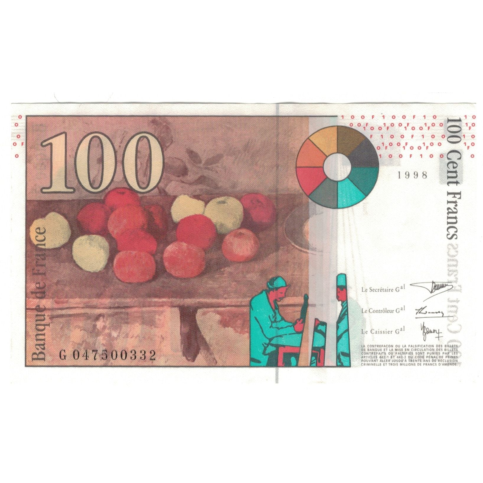 France, 100 Francs, Cézanne, 1998, G047500332, UNC(65-70), Fayette:74.2