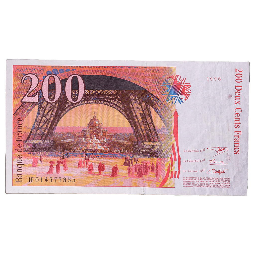 France, 200 Francs, Eiffel, 1996, H014573355, VF(30-35), Fayette:75.02, KM:159a
