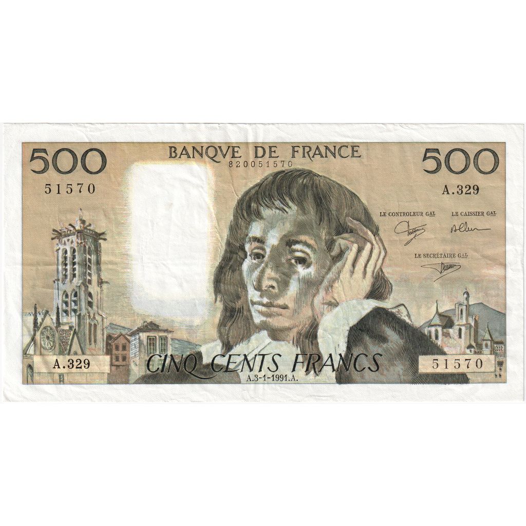 France, 500 Francs, Pascal, 1991, A.329, EF(40-45), Fayette:71.46, KM:156h