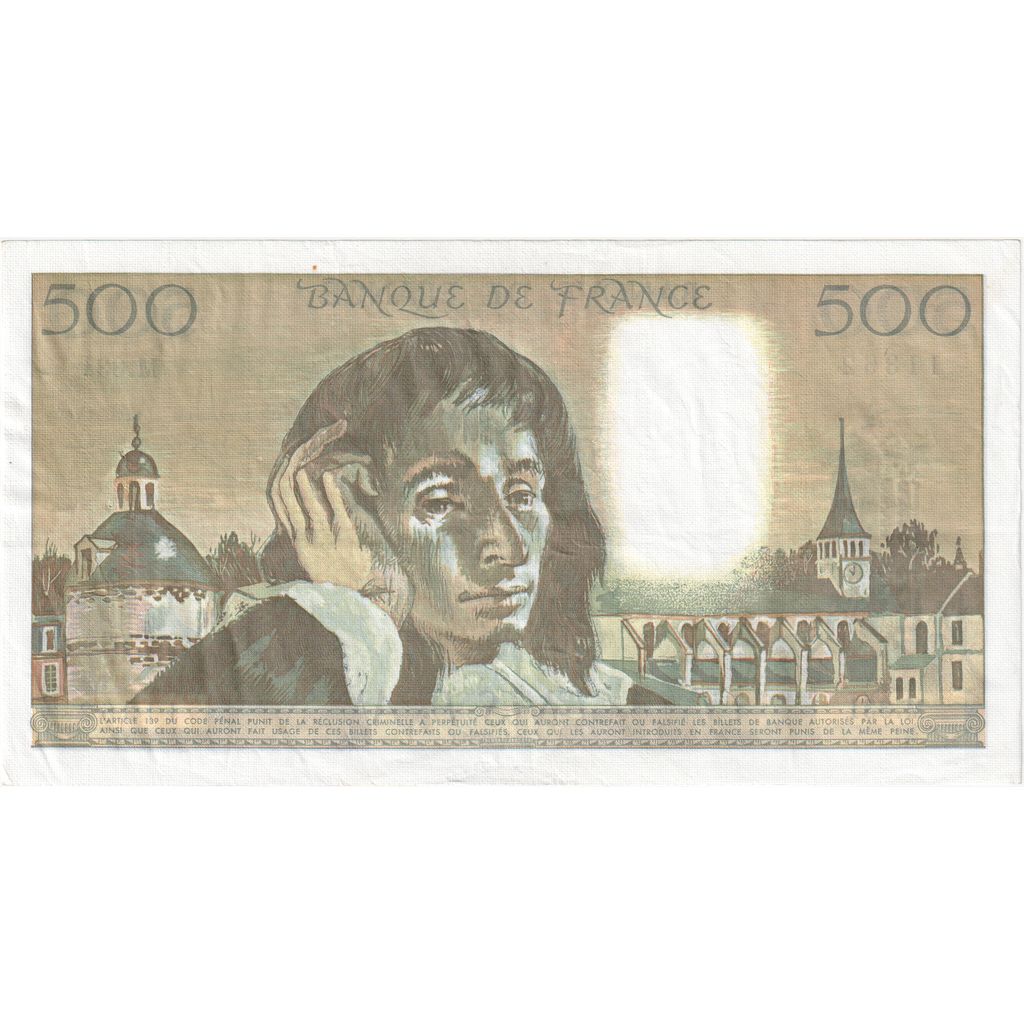 France, 500 Francs, Pascal, 1991, A.329, EF(40-45), Fayette:71.46, KM:156h