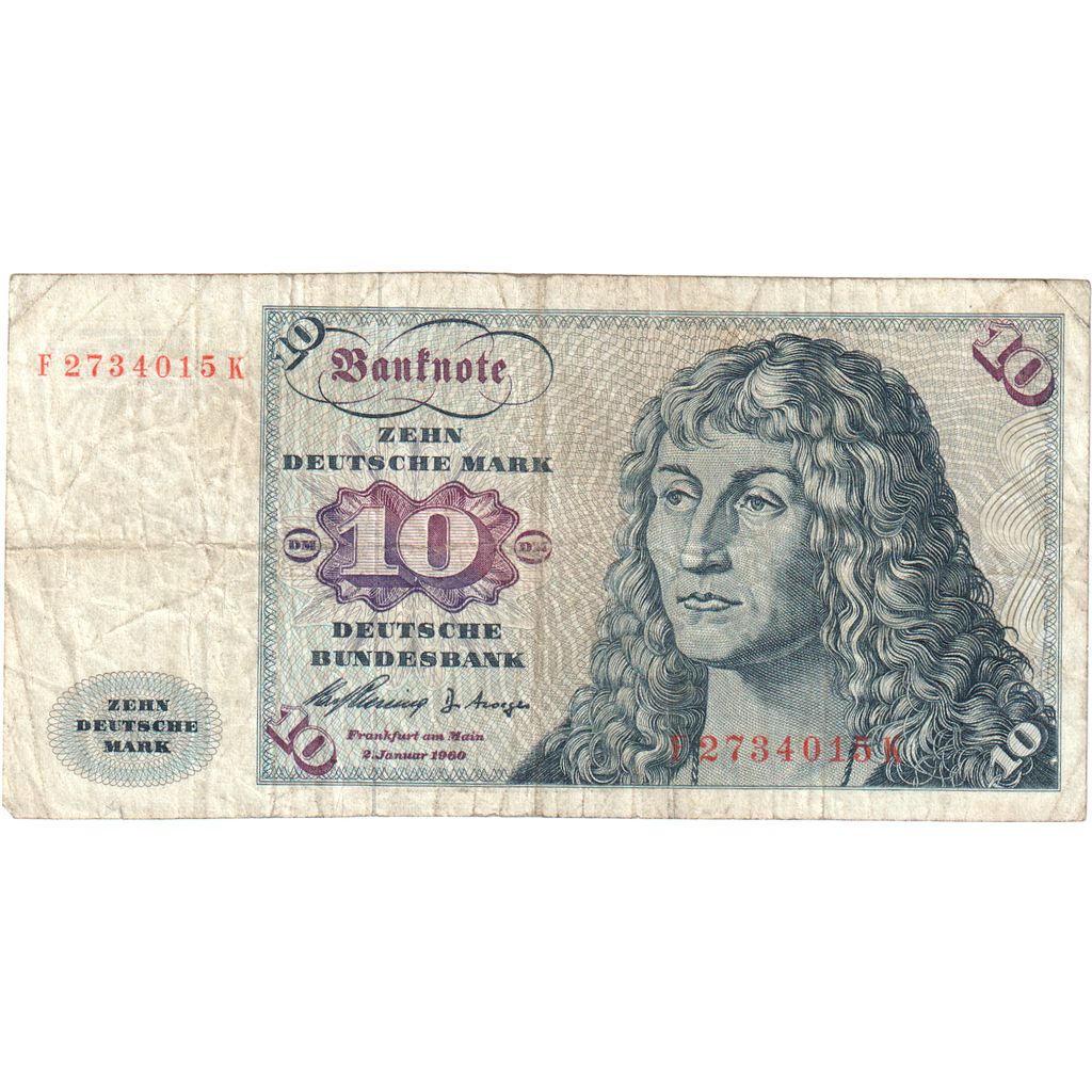 GERMANY - FEDERAL REPUBLIC, 10 Deutsche Mark, 1960, 1960-01-02, KM:19a, VG(8-10)