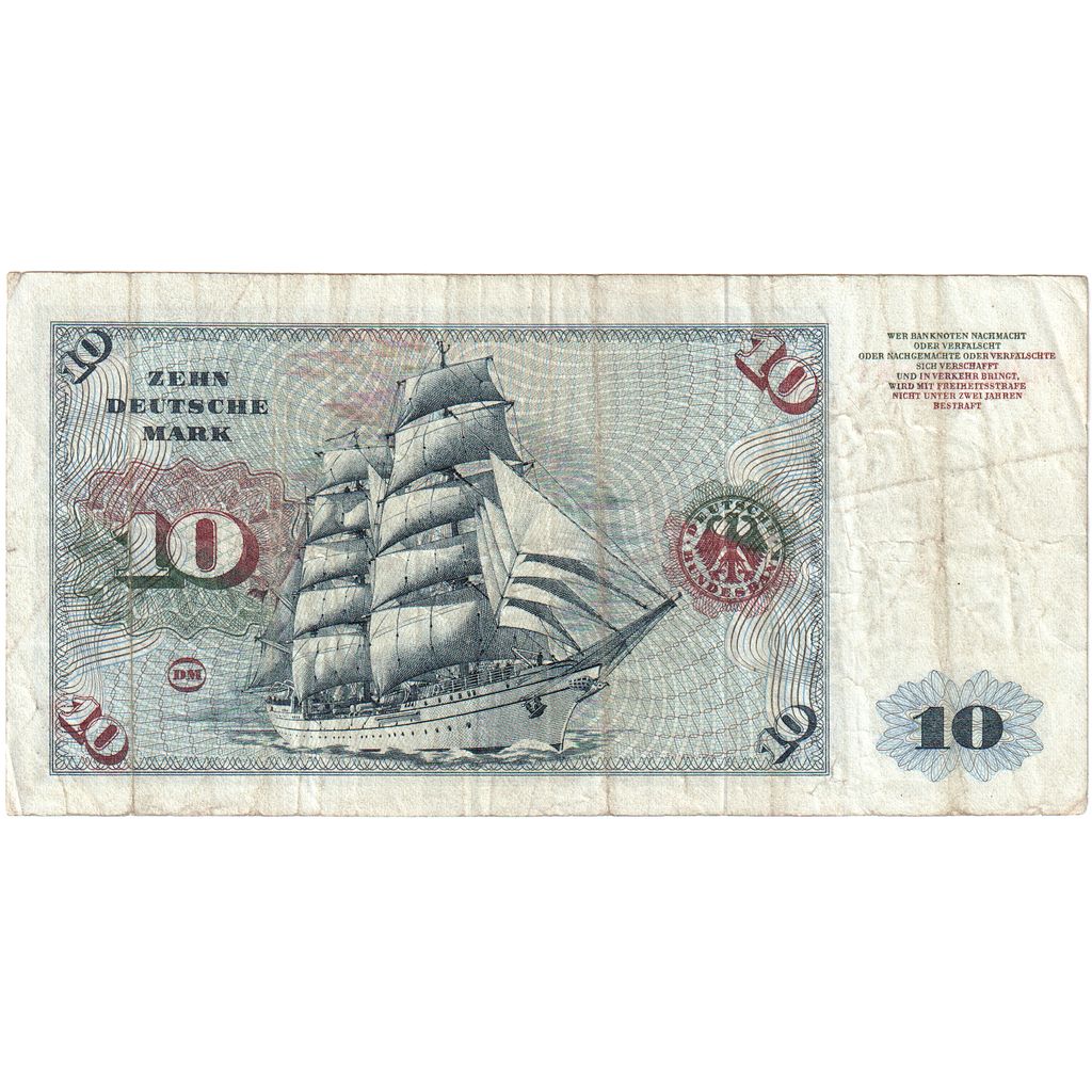 GERMANY - FEDERAL REPUBLIC, 10 Deutsche Mark, 1970-01-02, KM:31d, VF(20-25)