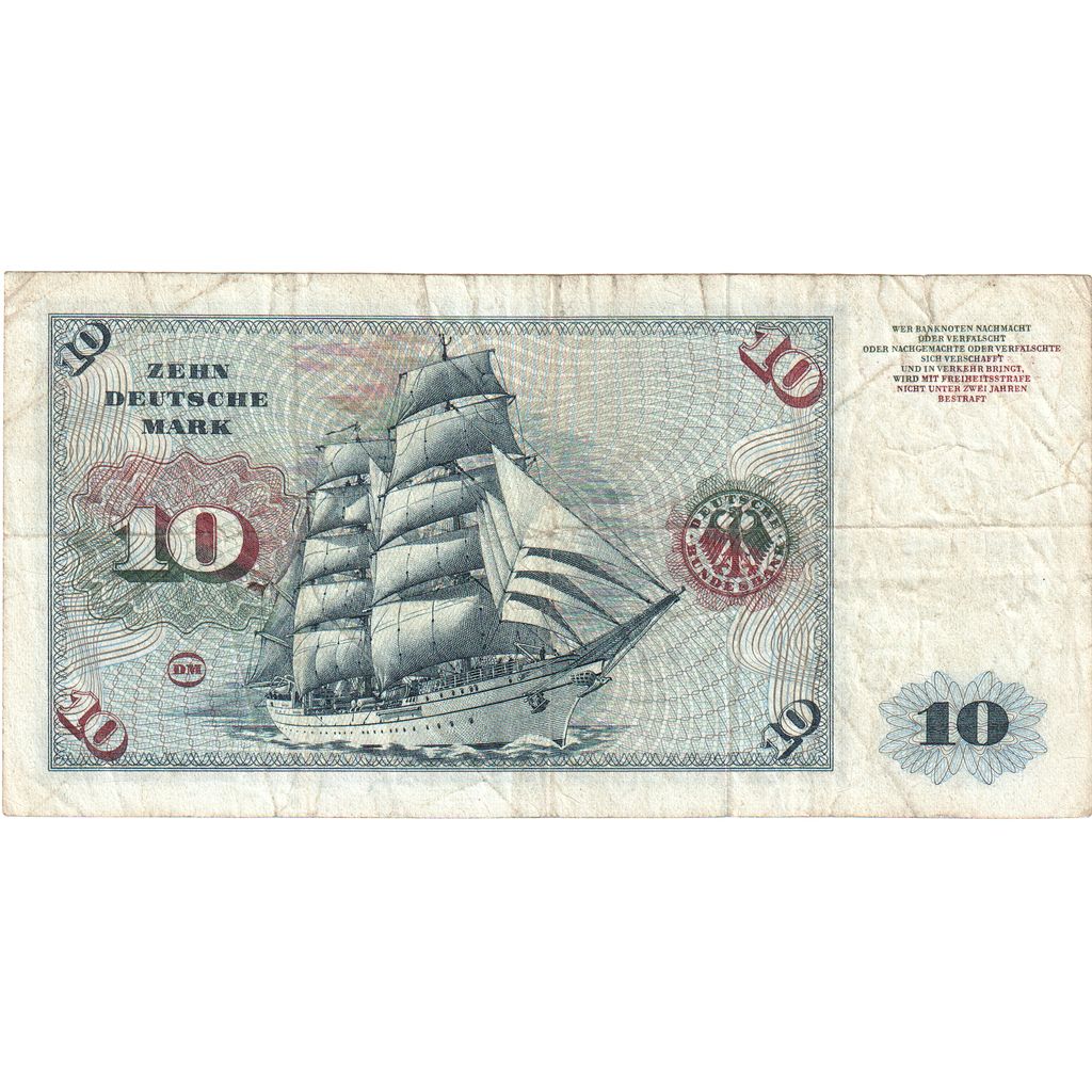 GERMANY - FEDERAL REPUBLIC, 10 Deutsche Mark, 1970-01-02, KM:31d, F(12-15)