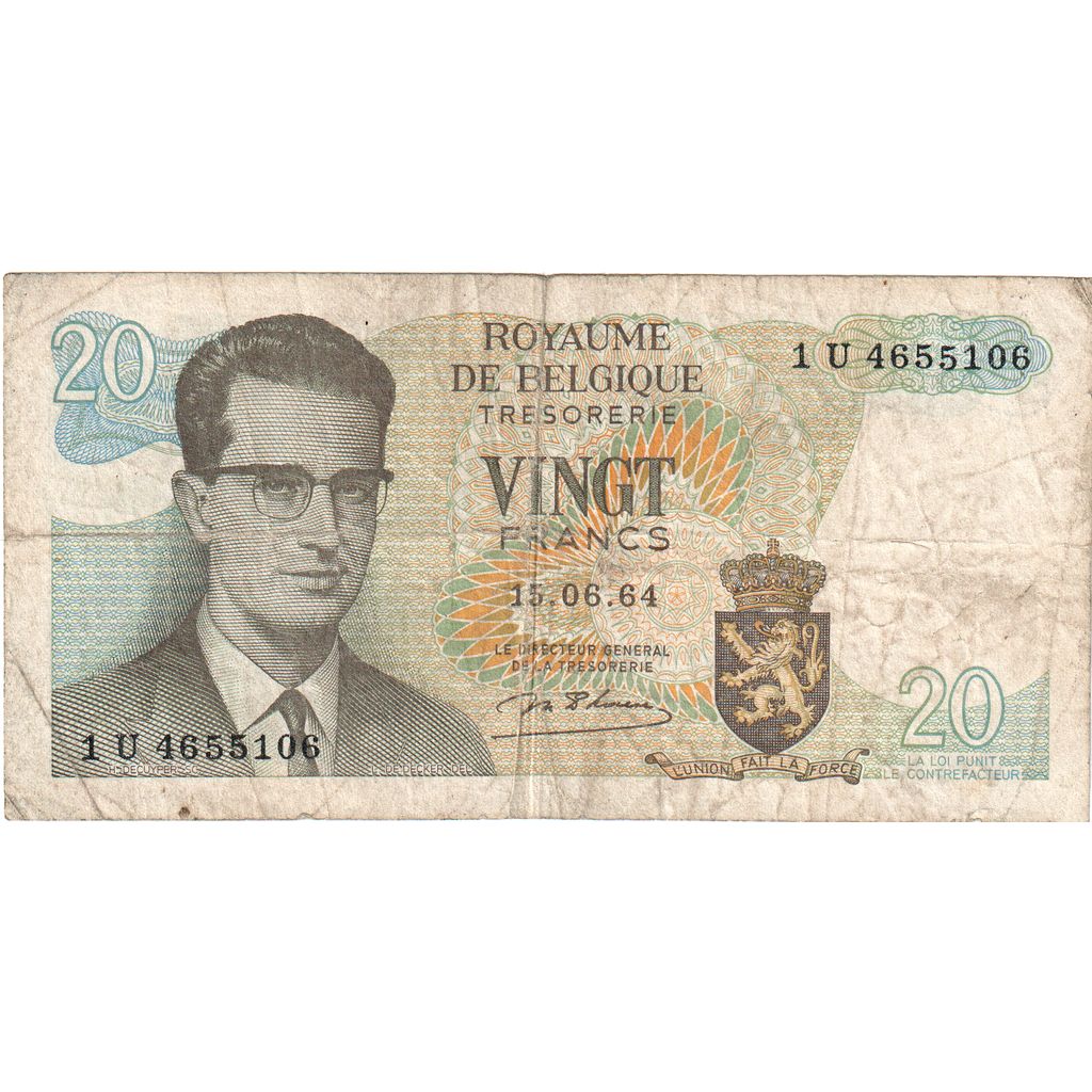 Belgium, 20 Francs, 1964-06-15, KM:138, VF(20-25)
