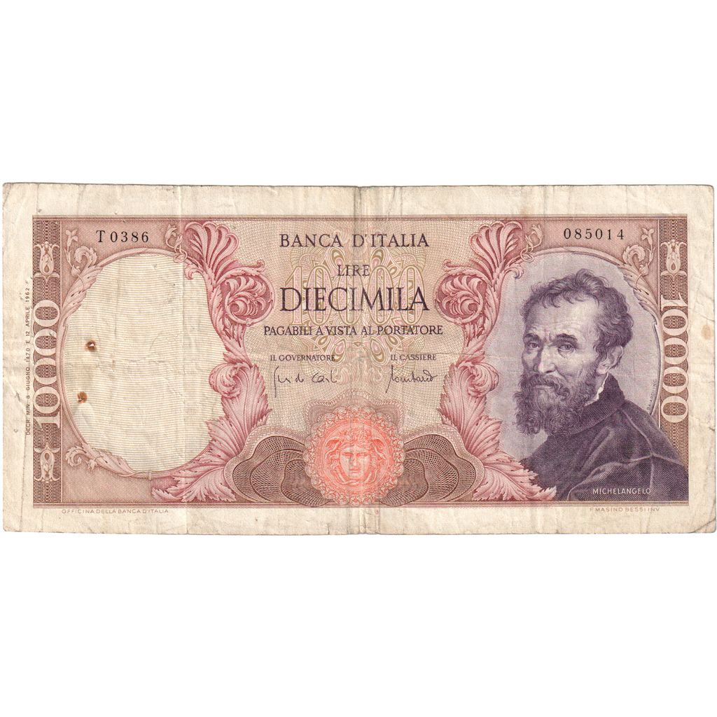 Italy, 10,000 Lire, 1962, 1962-04-12, KM:97a, VF(20-25)