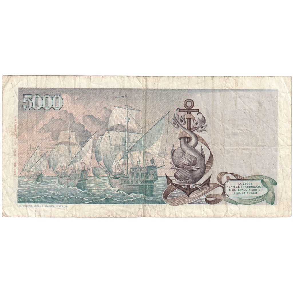 Italy, 5000 Lire, 1973, 1973-04-11, KM:102b, VF(20-25)