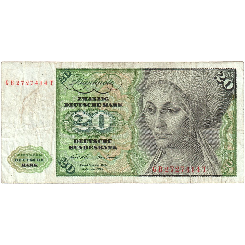 GERMANY - FEDERAL REPUBLIC, 20 Deutsche Mark, 1970-01-02, KM:32a, VF(20-25)