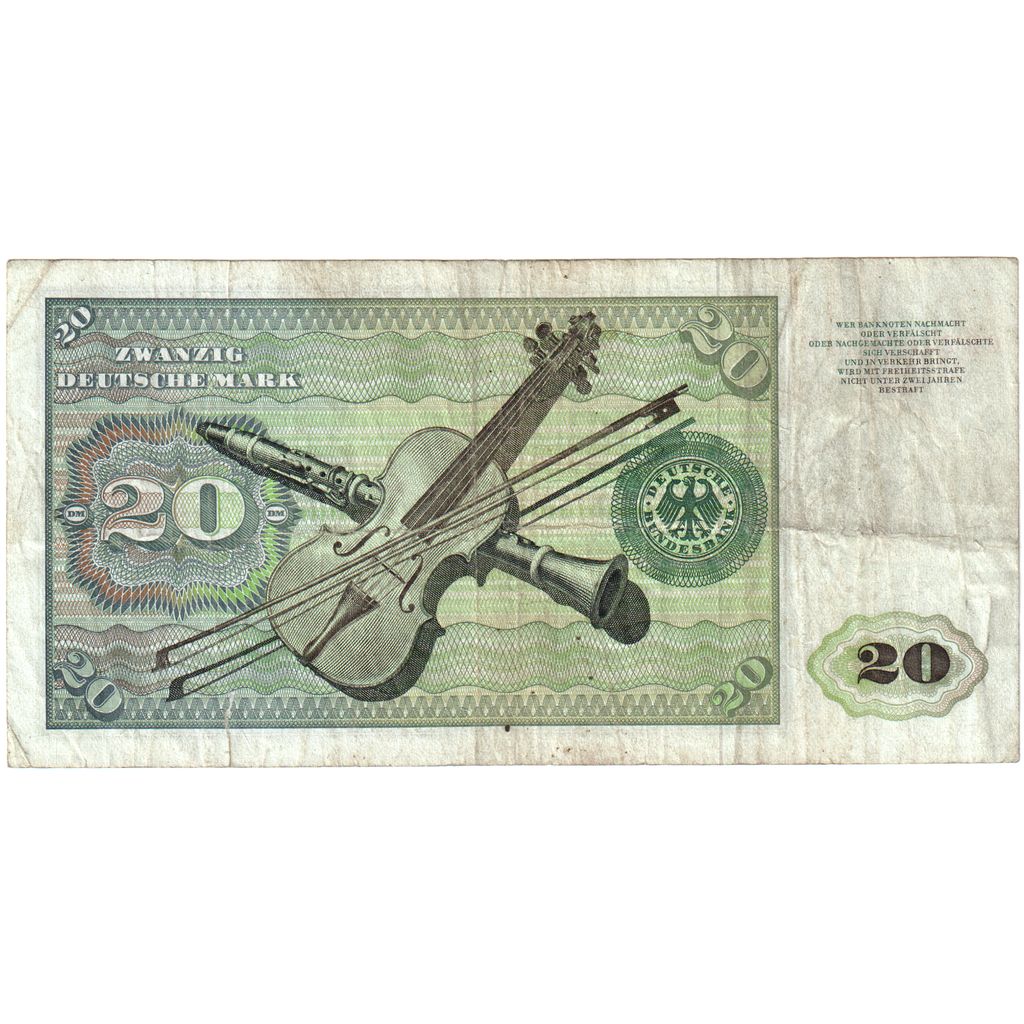 GERMANY - FEDERAL REPUBLIC, 20 Deutsche Mark, 1970-01-02, KM:32a, VF(20-25)