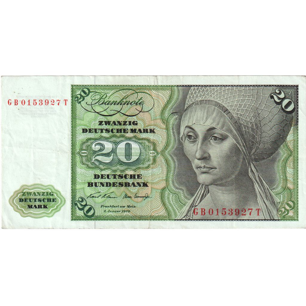 République fédérale allemande, 20 Deutsche Mark, 1970-01-02, KM:32a, TTB+