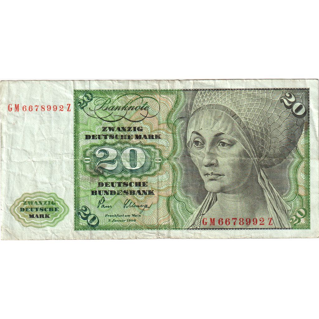 GERMANY - FEDERAL REPUBLIC, 20 Deutsche Mark, 1980-01-02, VF(20-25)