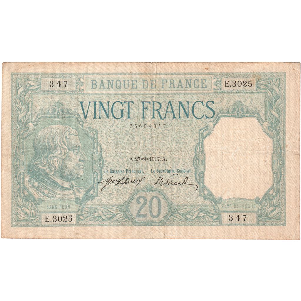 France, 20 Francs, Bayard, 1917-09-27, E.3025, EF(40-45)