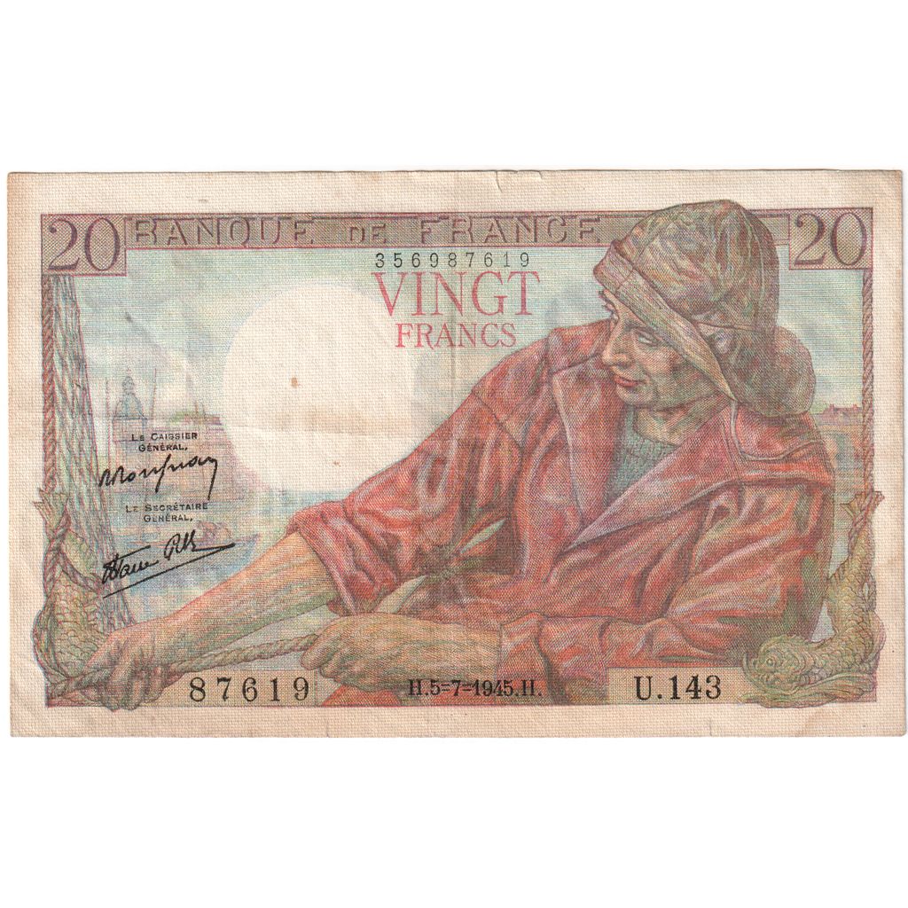 France, 20 Francs, Pêcheur, 1945-07-05, 356987619, VF 30