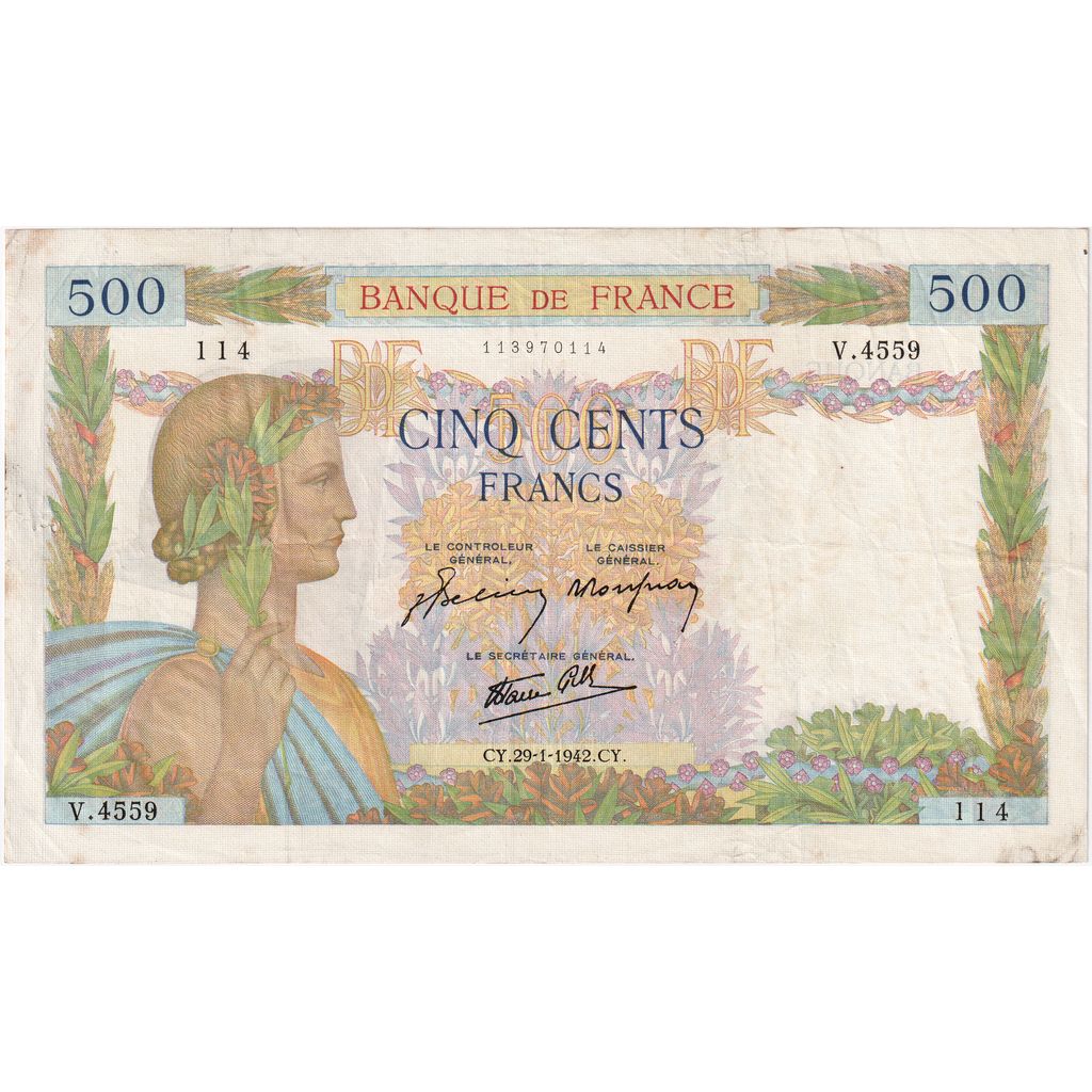France, 500 Francs, La Paix, 1942-01-29, V.4559, AU(55-58)