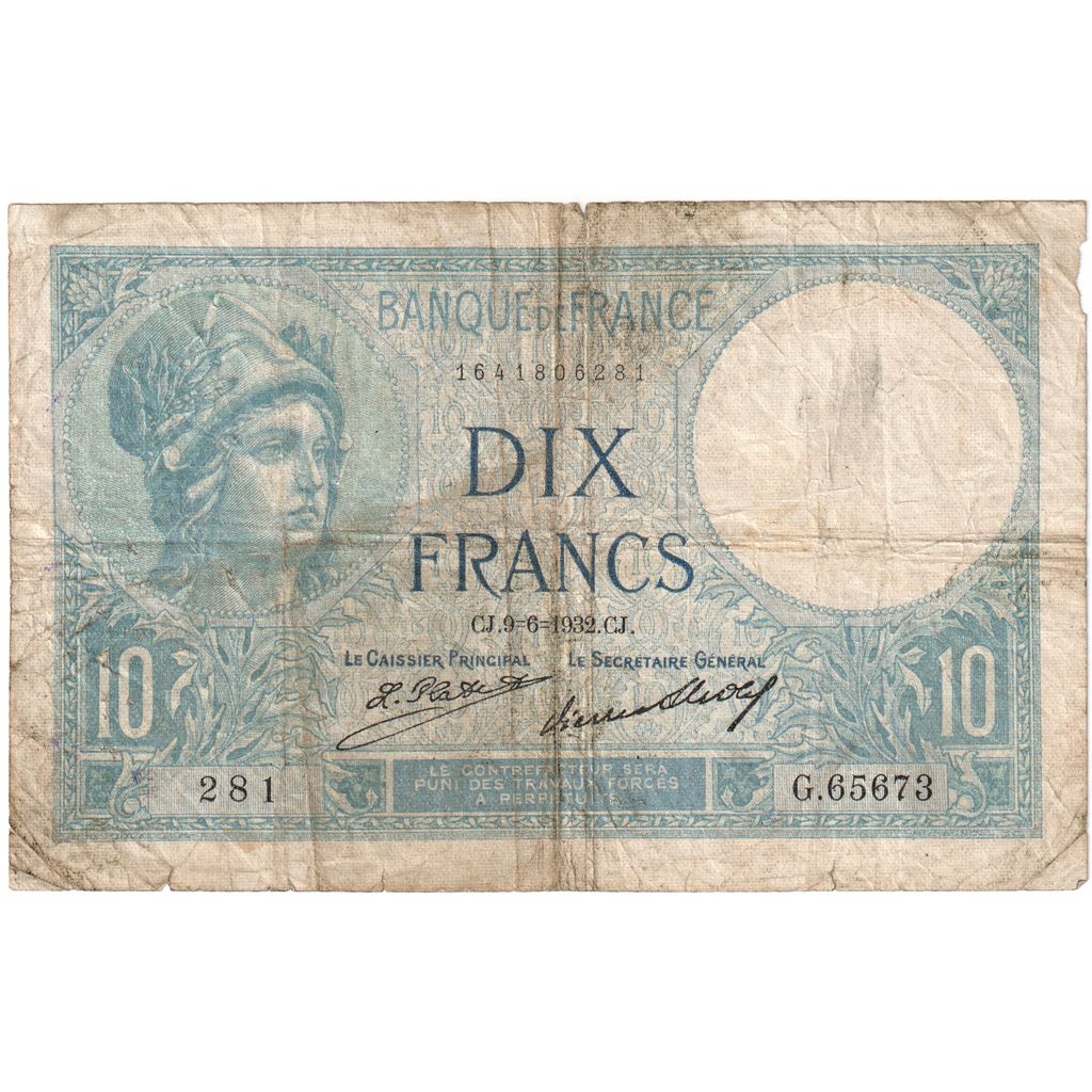 France, 10 Francs, Minerve, 9-6-1932, G,65673, VF(20-25)