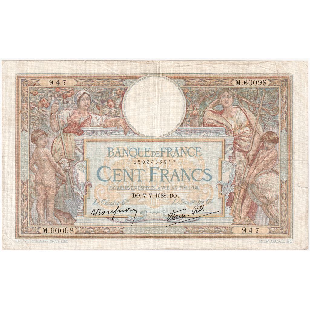 France, 100 Francs, Luc Olivier Merson, 1938-07-07, M.60098, EF(40-45)